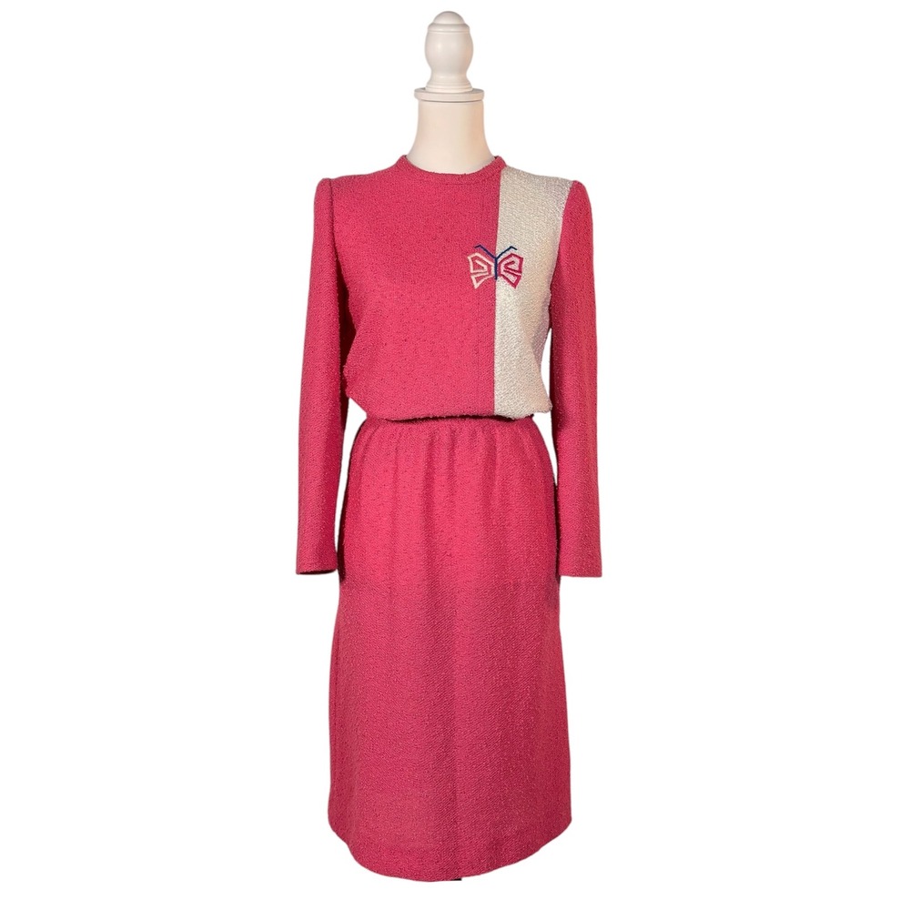 Vintage 80s Boucle Two Piece Set Women's‎ M Pink Long Sleeve Midi Retro Barbie